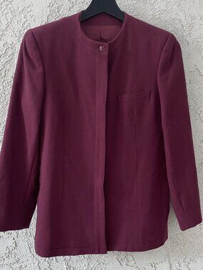 Vintage 90s Wool Mandarin Collar Blazer Burgundy Office Siren Minimalist Jacket